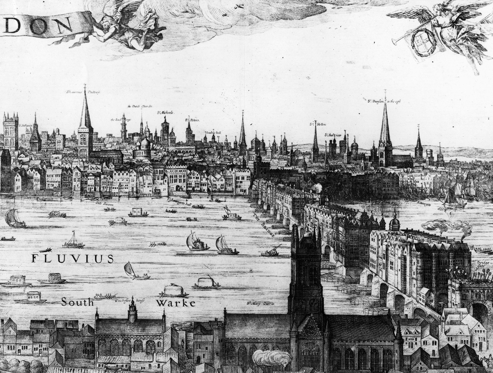 Vischer's Panorama of London, showing London Bridge, 1616.