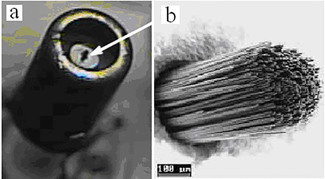 Cathode modulator unit (a) with an emitting carbon fiber cathode indicated by the white arrow, and a magnified depiction of the cathode (b) at 100-micrometer scale.