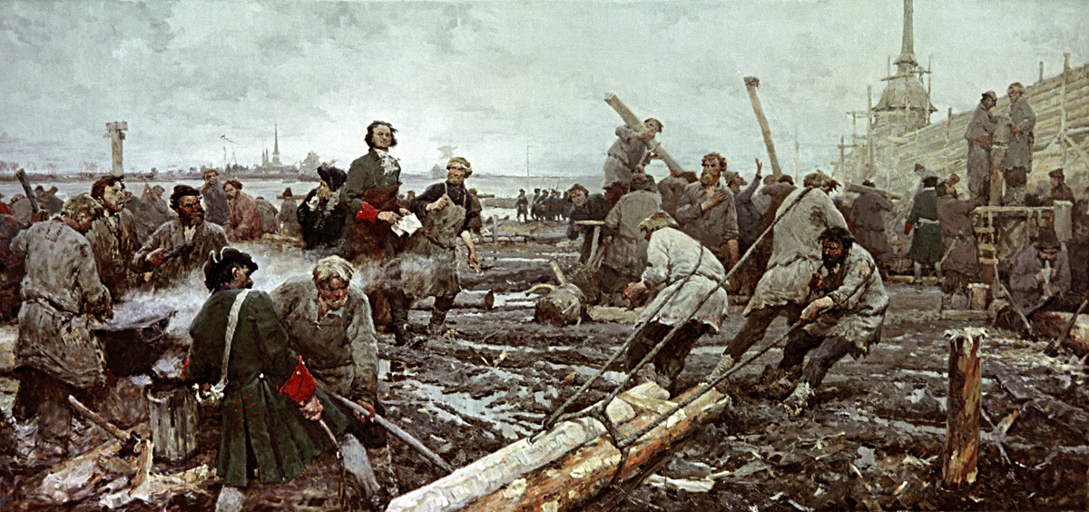 Peter I. beim Bau von Sankt Petersburg von Georgy Pesis