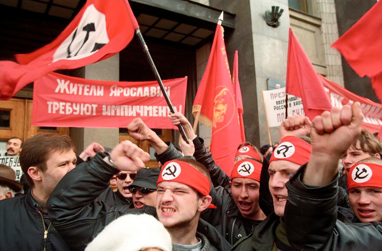 The National Bolshevik Party activists standing for Yeltsin's impeachment, Moscow, 1999
