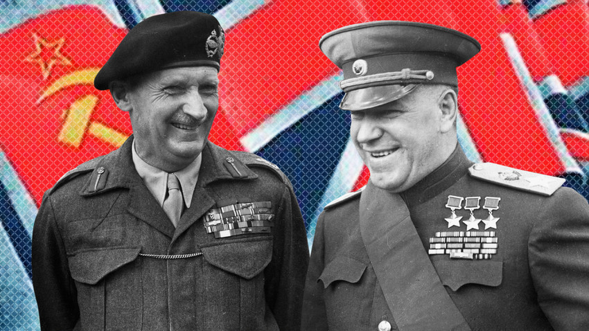 Британски фелдмаршал Бернард Л. Монтгомери (1887-1976) и маршал Георгиј К. Жуков (1895-1974), шеф совјетске делегације на крају Другог светског рата, испред Бранденбуршке капије у Берлину, 13. јул 1945.