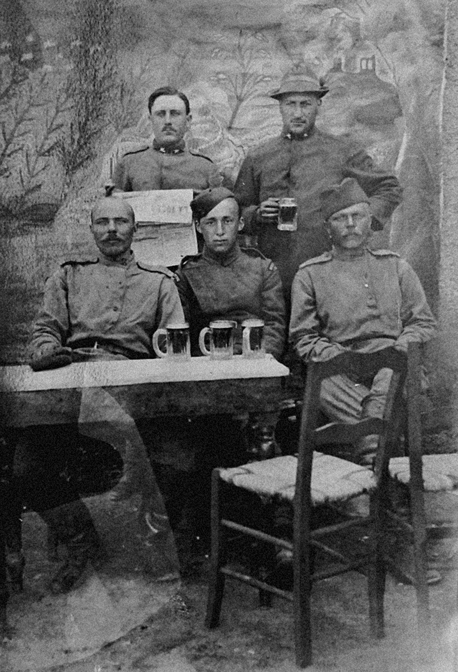 French, Russian, U.S., Italian and Serbian soldier drink beer at Easter, 1917