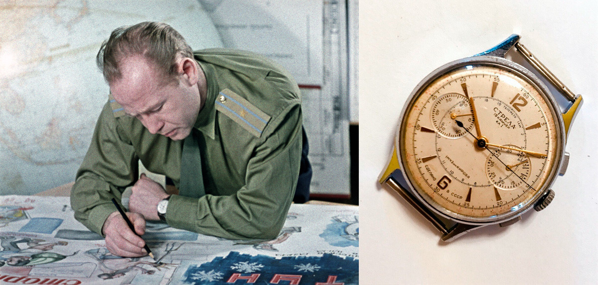Heroj Sovjetske zveze, pilot in kozmonavt Aleksej Leonov, ki je znan po prvem vesoljskem sprehodu, ter ura Strela