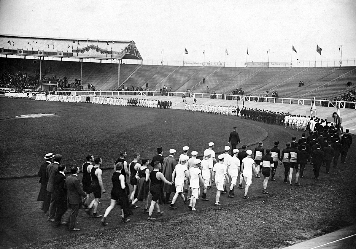 A march-past at the opening ceremony during the 1908 Summer Olympics.