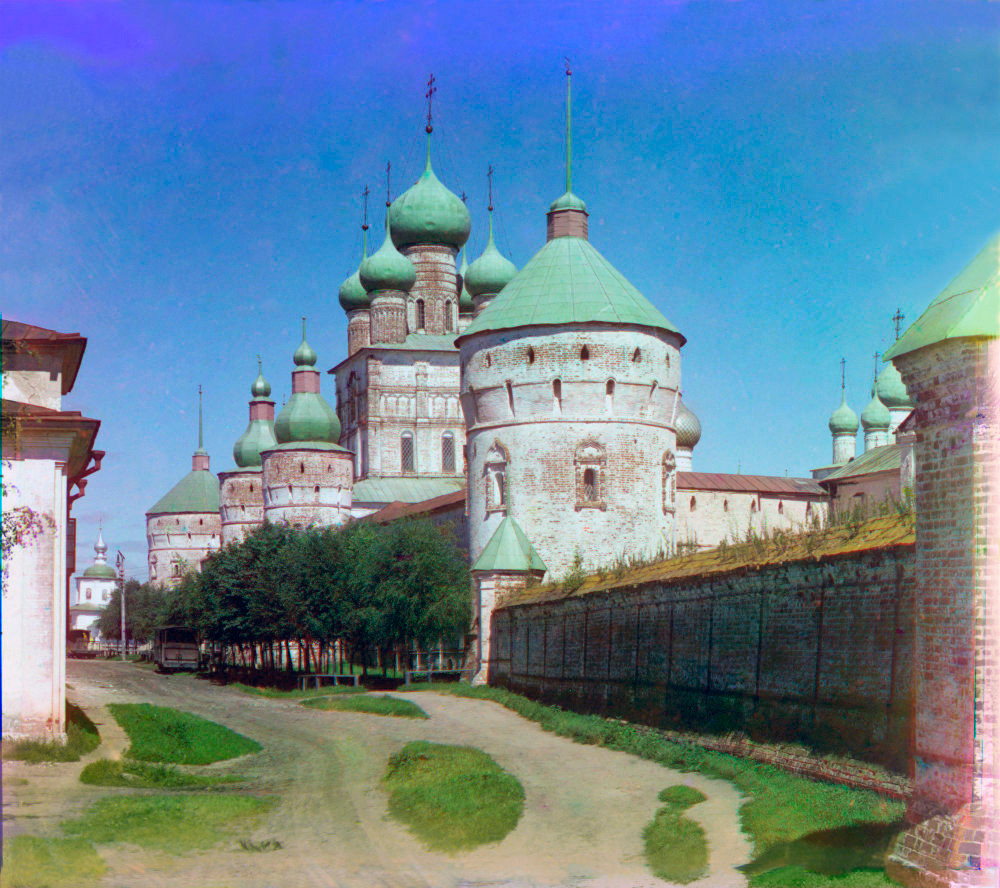Rostov kremlin. West wall with Church of St. John the Divine over West Gate. Southwest view.  Summer 1911 