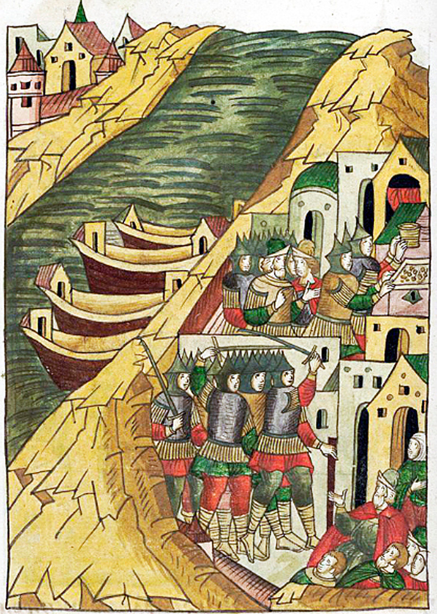 Orang-orang Ushkuinik menaklukkan Kostroma. Dari Kronik Bergambar Ivan yang Mengerikan, abad ke-16.