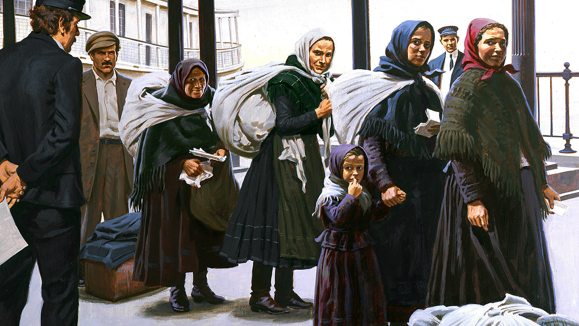Peinture représentant des immigrants russes arrivant à Ellis Island vers 1900. 