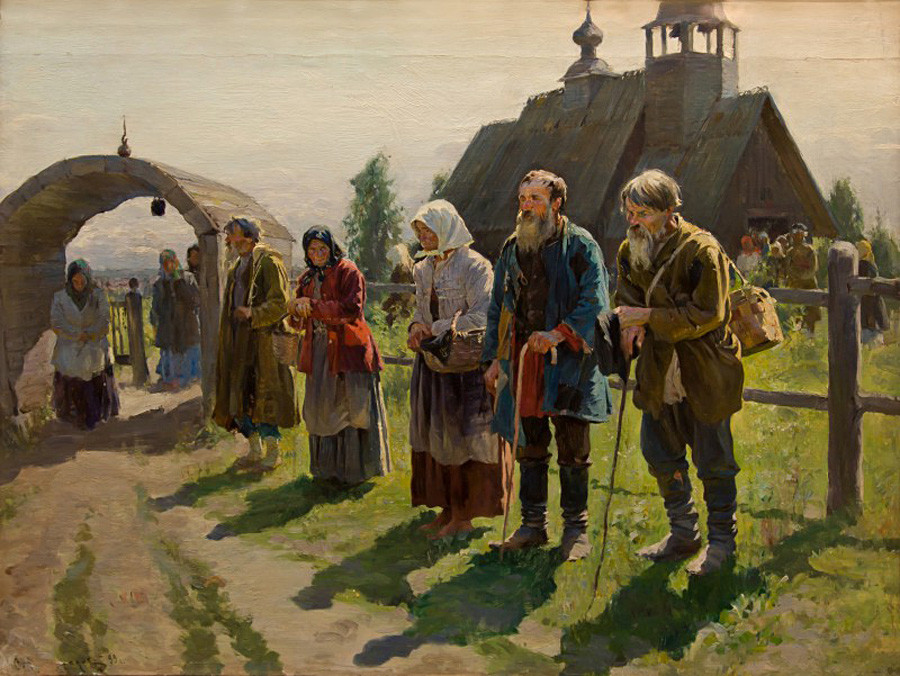 『教会の前に立っている貧乏人』セルゲイ・ヴィノグラードフ、1899年