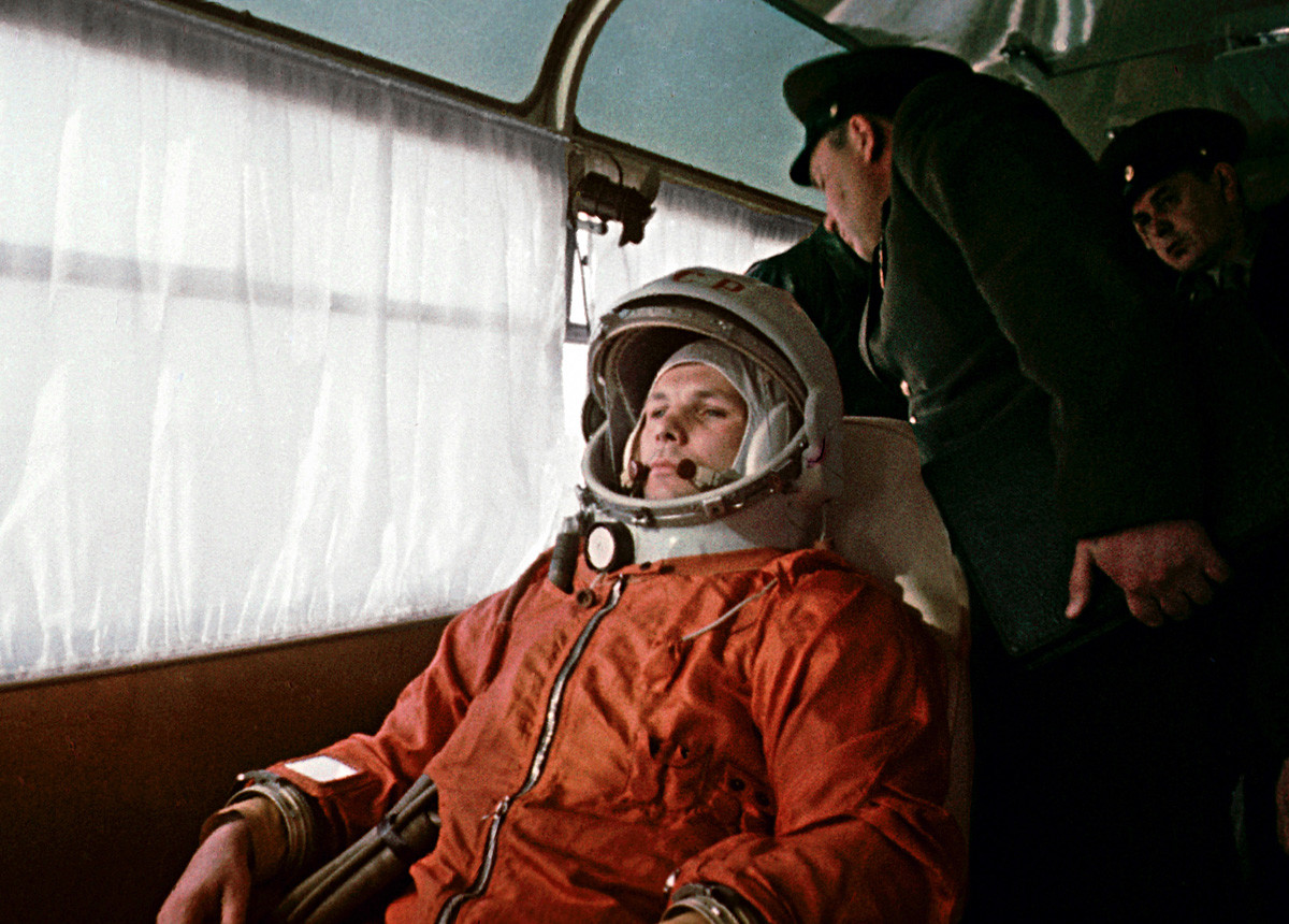 April 12, 1961. Cosmonaut Yury Gagarin rides a bus to the Baikonur Space Center