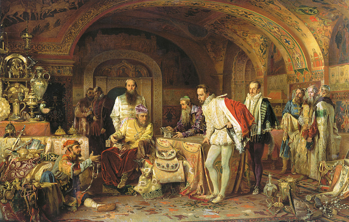 Ivan le Terrible expose ses trésors à l’ambassadeur britannique Jerome Horsey. Tableau par Alexander Litovtchenko, 1875

