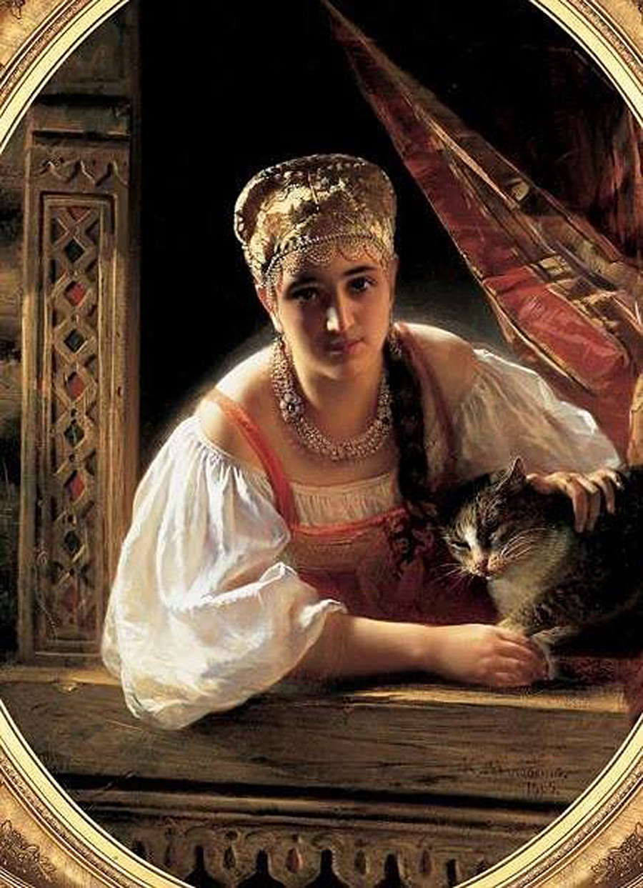 'Russian Beauty with Cat' (1865) by Konstantin Makovsky (1839-1915)