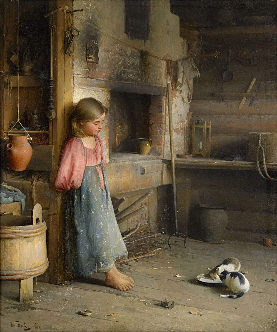 'A Girl With Kittens' (1895) by Ivan Gorokhov (1863-1934)