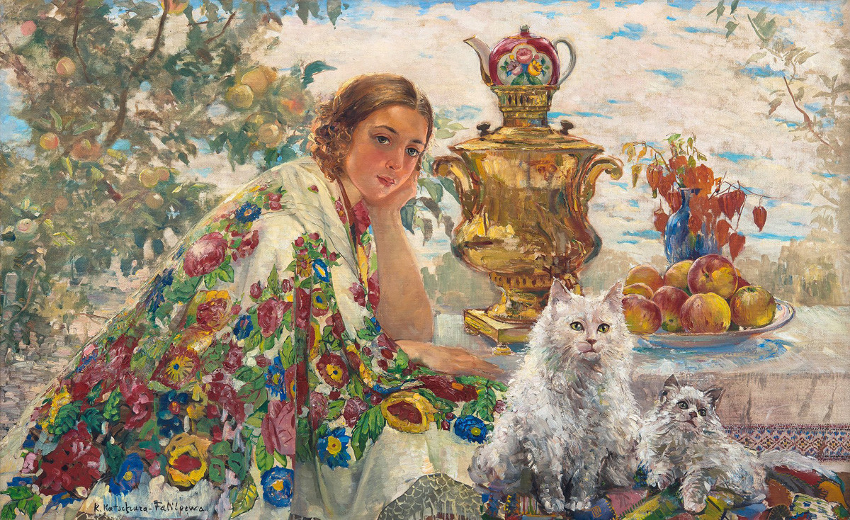'At the samovar' by Ekaterina Kaciura-Falileewa (1886-1948)