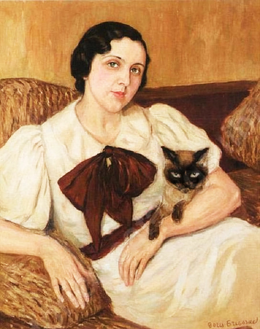 'Portrait Of A Lady With Her Cat' by Boris Grigoriev  (1886-1939)