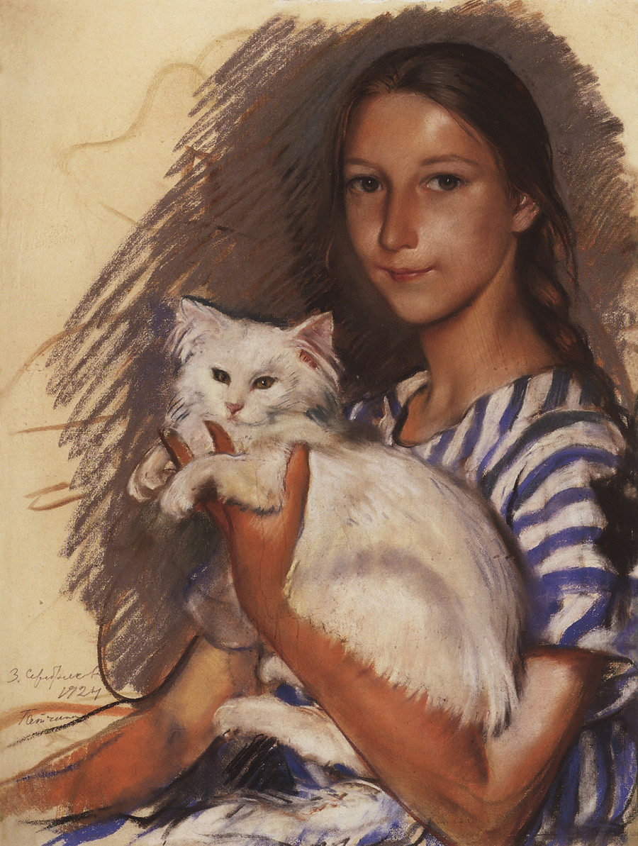 'Portrait of Natasha Lancere with a cat' (1924) by Zinaida Serebriakova (1884-1967)