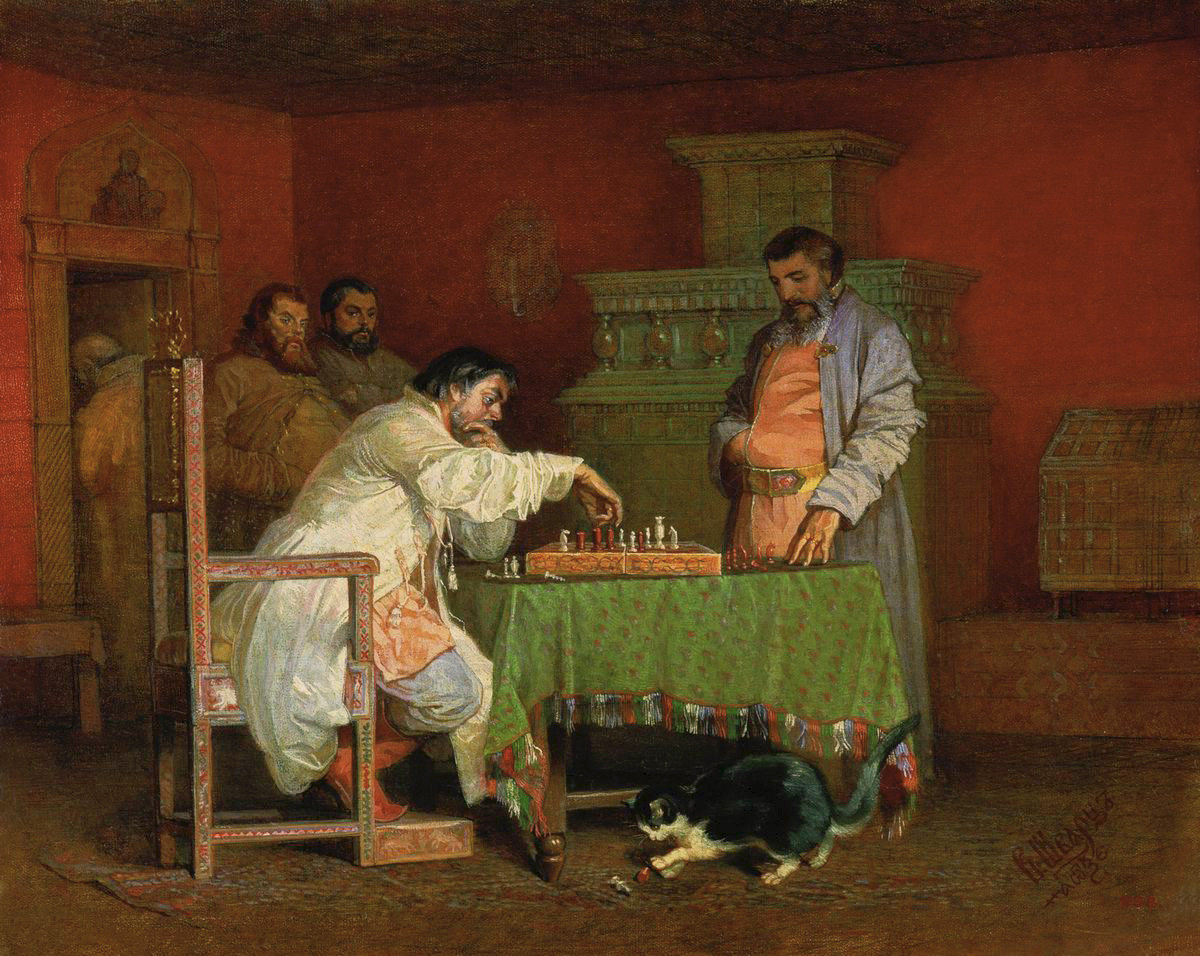 ‘Permainan Catur’ (sebuah adegan dari ‘Kehidupan Seorang Tsar’) oleh Vyacheslav Schwarz (1838 – 1869)