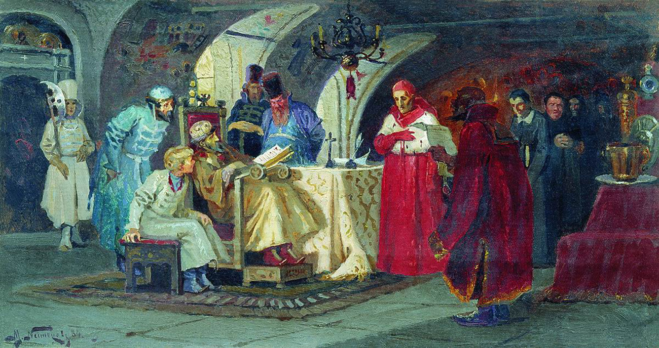 'Wakil Paus di Istana Ivan yang Mengerikan (1884) oleh Mikhail Nesterov (1862 - 1942).