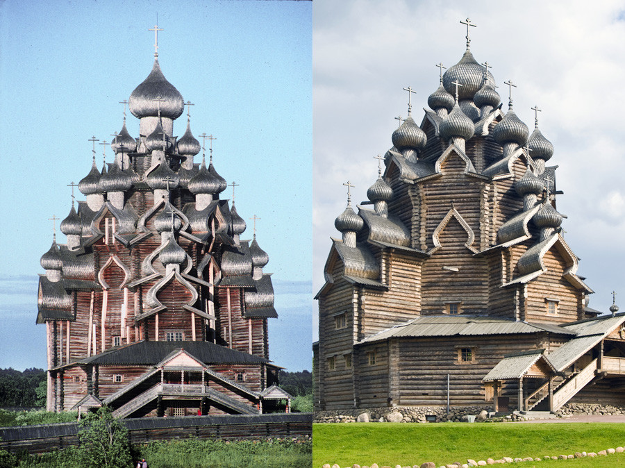 Left: Kizhi. Church of Transfiguration, west view. July 13, 1993. Right: Bogoslovka. Church of the Intercession, northwest view. August 17, 2009. 