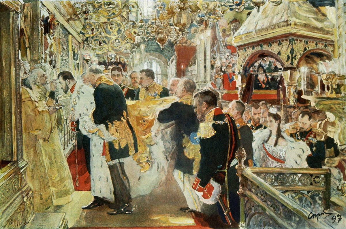 Sacrement de l'empereur Nicolas II dans la cathédrale de la Dormition. Peinture de Valentine Serov