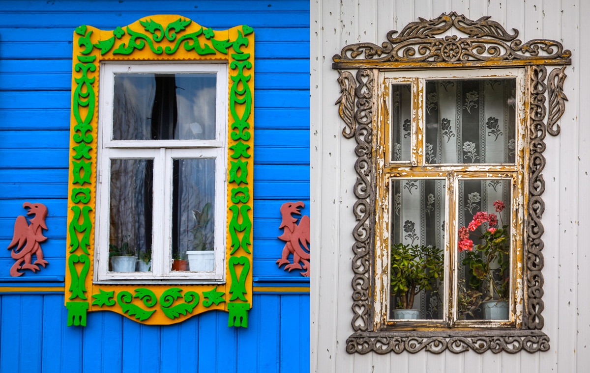 Old Russian houses decorated with carving: left - Golden Ring, right - Mordovia.