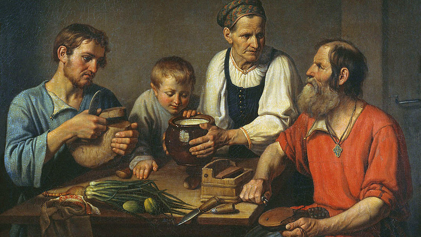 『農民の家族は昼食前』F.ソルヌツェフ画、1824年