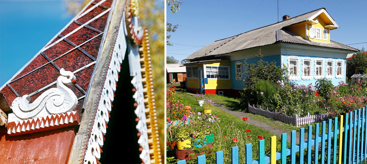 À gauche : un toit sculpté à Novossibirsk. À droite : une maison en bois à Arkhangelsk.