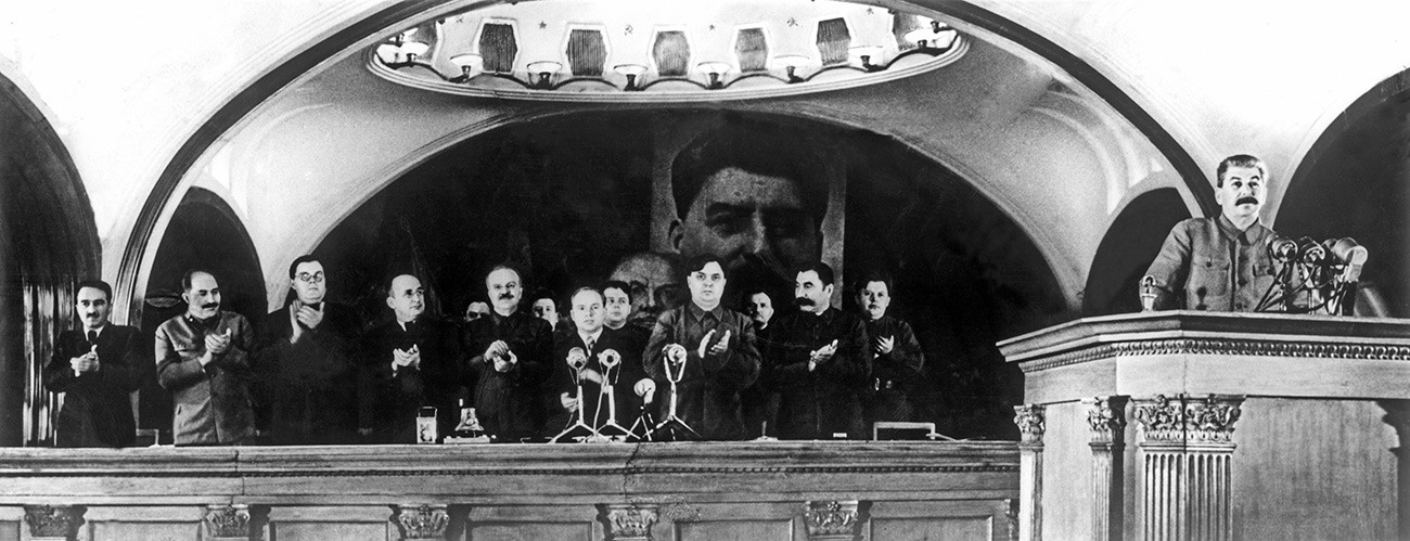 Preparations for the November 7, 1941 celebrations. Joseph Stalin making speech on 24th anniversary of Great October Socialist Revolution at the official sitting of the Moscow City Council. Mayakovskaya, November 6, 1941.