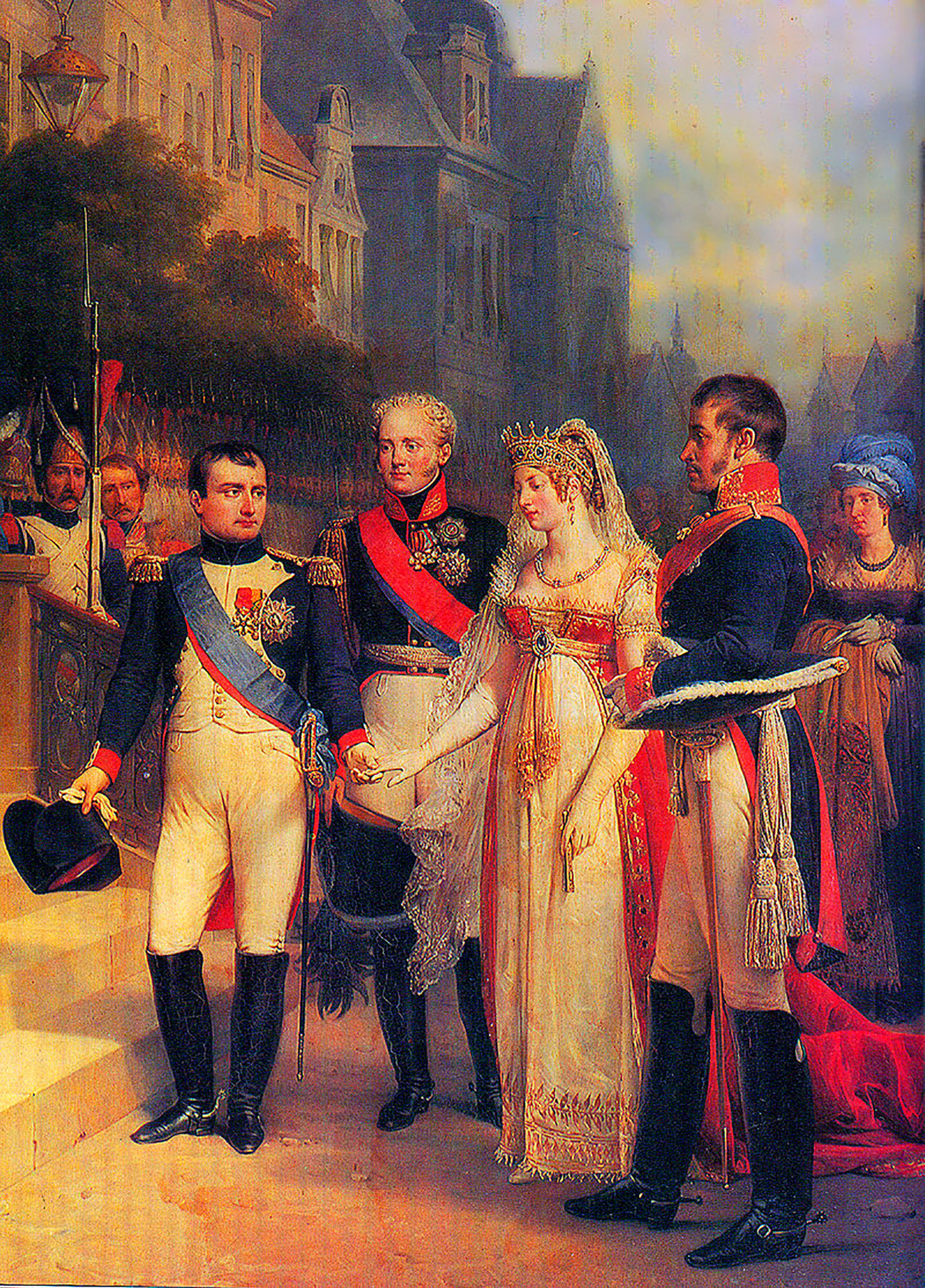 Rencontre de Tilsit en1807. De gauche à droite : Napoléon, Alexandre Ier, Louise de Prusse, Frédéric-Guillaume III 