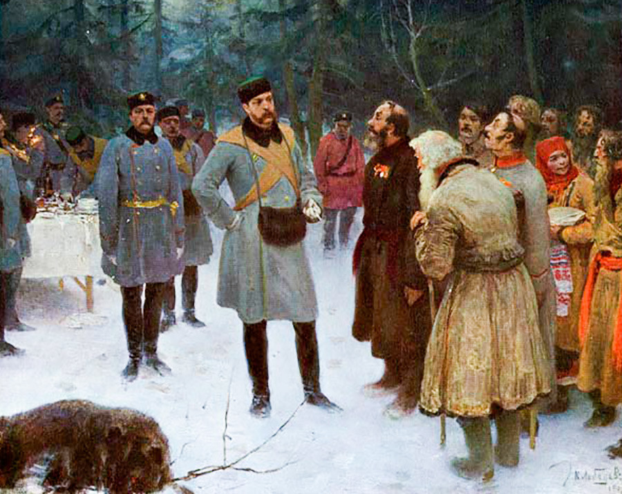 Aleksandr 2º da Rússia conversando com camponeses durante a caçada
