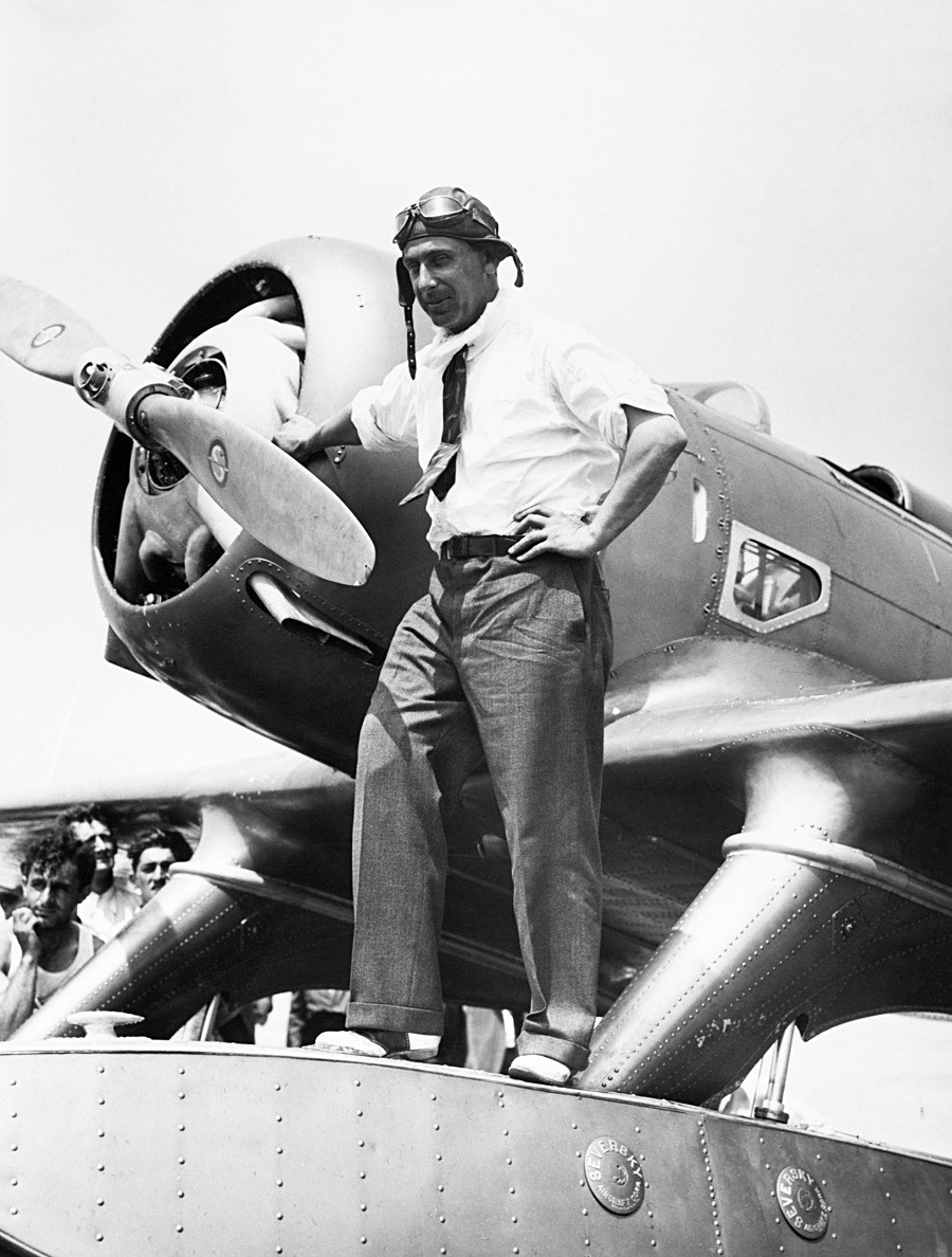 Alexander P. de Seversky standing by his plane in 1933.