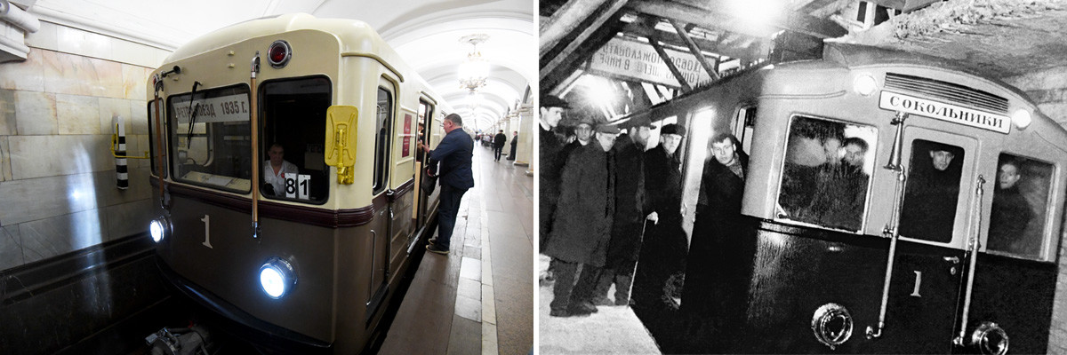 Слева: Ретропоезд «Сокольники» 2010 года, стилизованный под подвижной состав из вагонов типа «А» 1935 года. Справа: Первый поезд московского метро совершает пробный рейс, 1935.