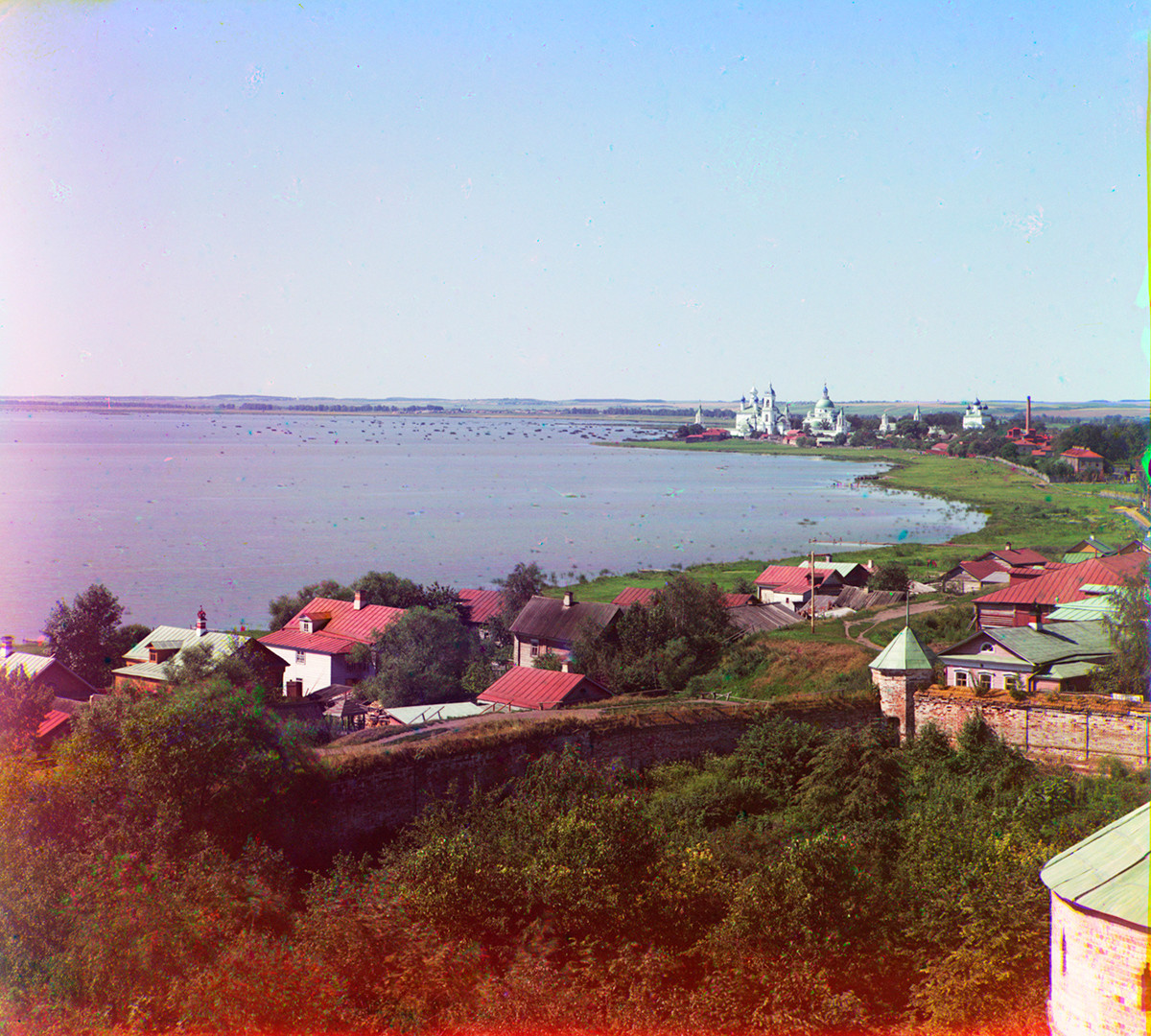 Savior-St. Iakov-St. Dimitry Monastery & north shore of Lake Nero. View west from pinnacle of south tower of Rostov Kremlin. Summer 1911.