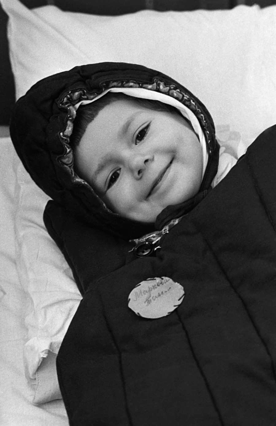 A girl in a sleeping bag in a kindergarten in Cherepovets, 1973