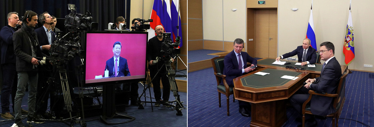12月2日、習近平国家主席（左側）とプーチン大統領、コザク副首相、ノヴァク・エネルギー相はガスパイプライン「シベリアの力」の開通式典にテレビ会議形式で参加した。