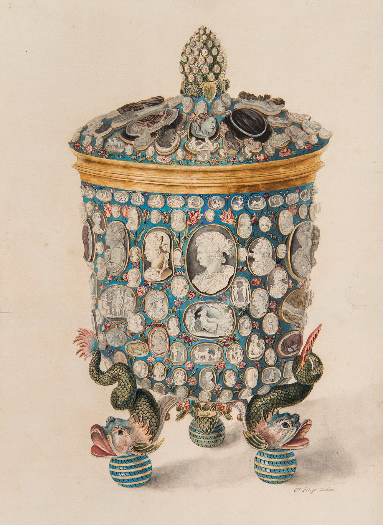 OTTMAR ELLIGER: PEHAR S POKLOPCEM UKRAŠEN DRAGULJIMA. Akvarel. Rusija, oko 1730. Papir, četkica, pero, pozlata, mastilo, vodene boje.