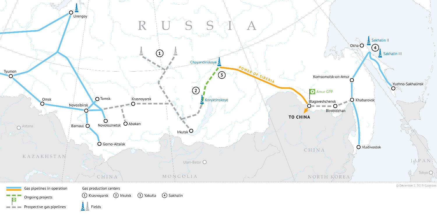 Схематски приказ на коме се види преко којих руских територија пролази гасовод „Снага Сибира“.