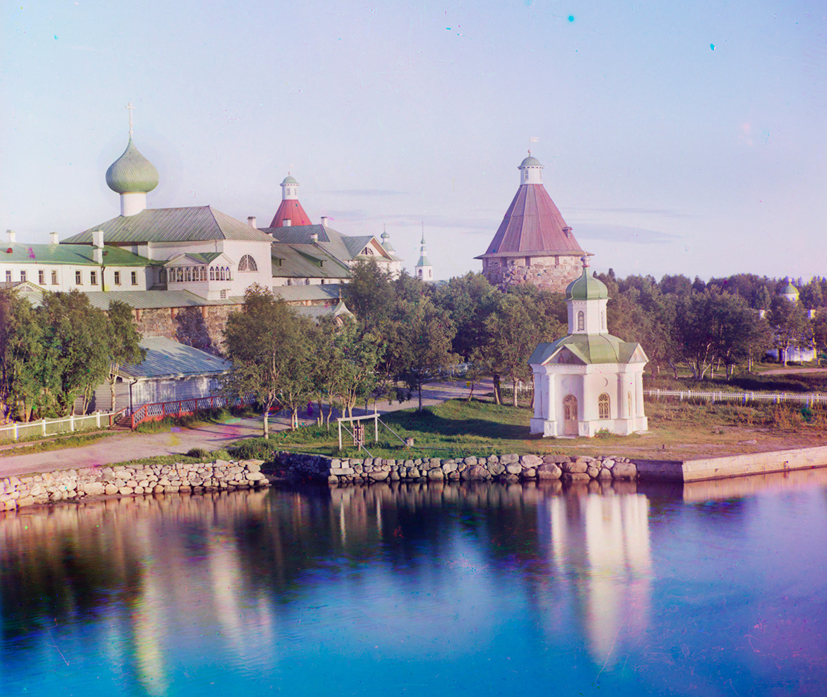 Transfiguration Monastery. Northwest view from Preobrazhensky Hotel dock. From left:  Annunciation Church over Holy Gate, Chapel of Saint Alexander Nevsky. Late summer 1916