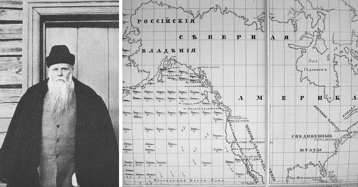 ゲンナジー・ユーディン（左側）／クジラの移動を示す地図、「露米会社」の報告書