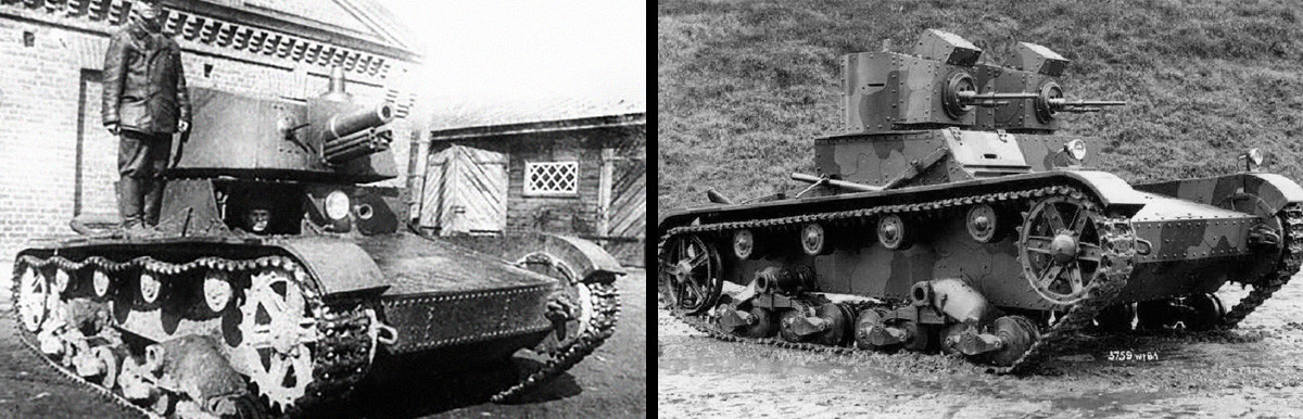 T-26 tank with A-43 turret and Vickers Mark E (Type A) tank in early thirties.