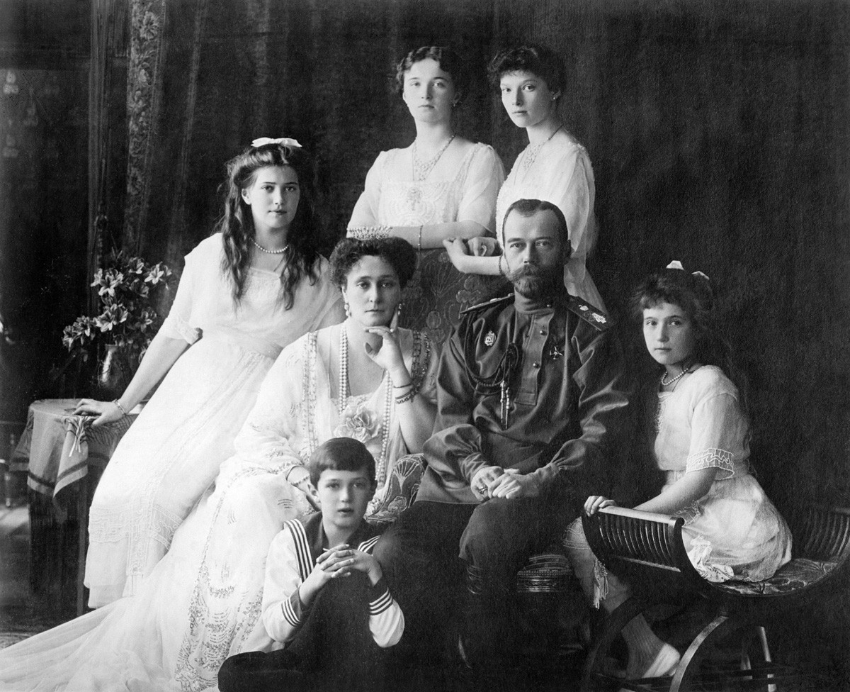 Russian Imperial family Photo shows members of the Romanovs, the last imperial family of Russia including: seated (left to right) Maria, Queen Alexandra, Czar Nicholas II, Anastasia, Alexei (front), and standing (left to right), Olga and Tatiana. (Source: Flickr Commons project, 2010)