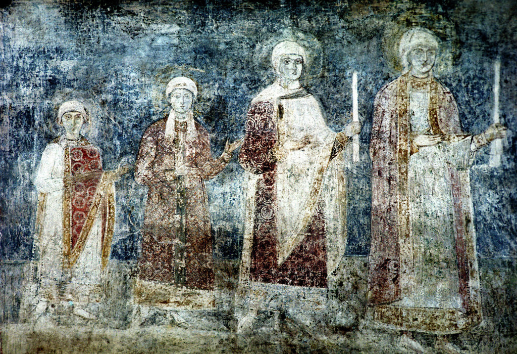 Daughters of Yaroslav the Wise as depicted on a fresco in Saint Sophia's Cathedral, Kiev (from left to right): Anna, Anastasia, Elizaveta, Agatha
