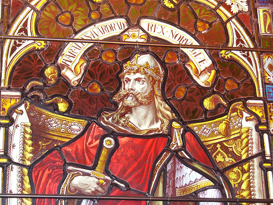 Harald of Norway. Window with portrait of Harald in Lerwick Town Hall, Shetland