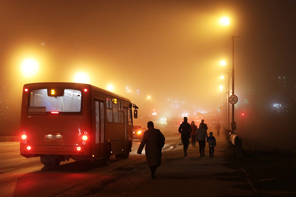 People walk at the street in Vorkuta.