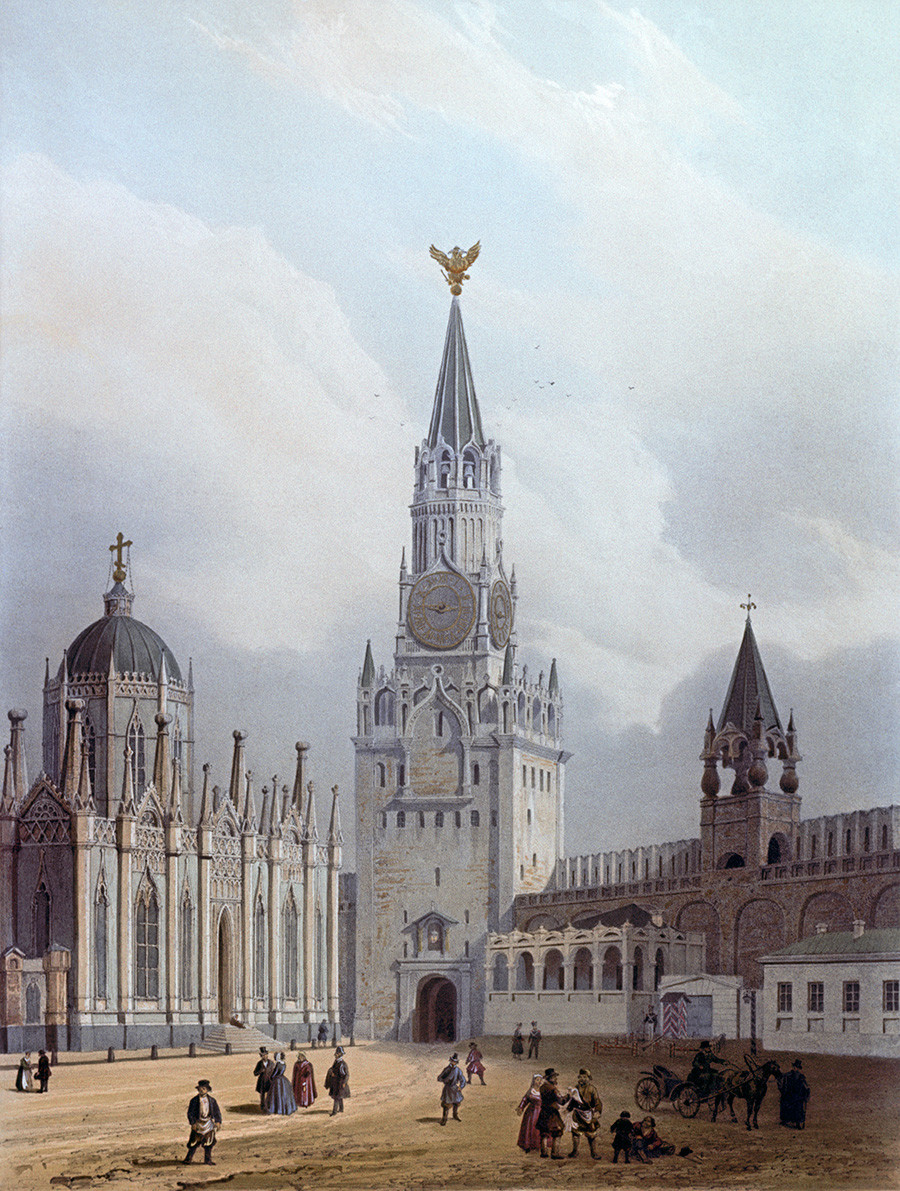 El monasterio de Ascensión (demolido en 1929) y la Torre Spásskaia del Kremlin de Moscú.
