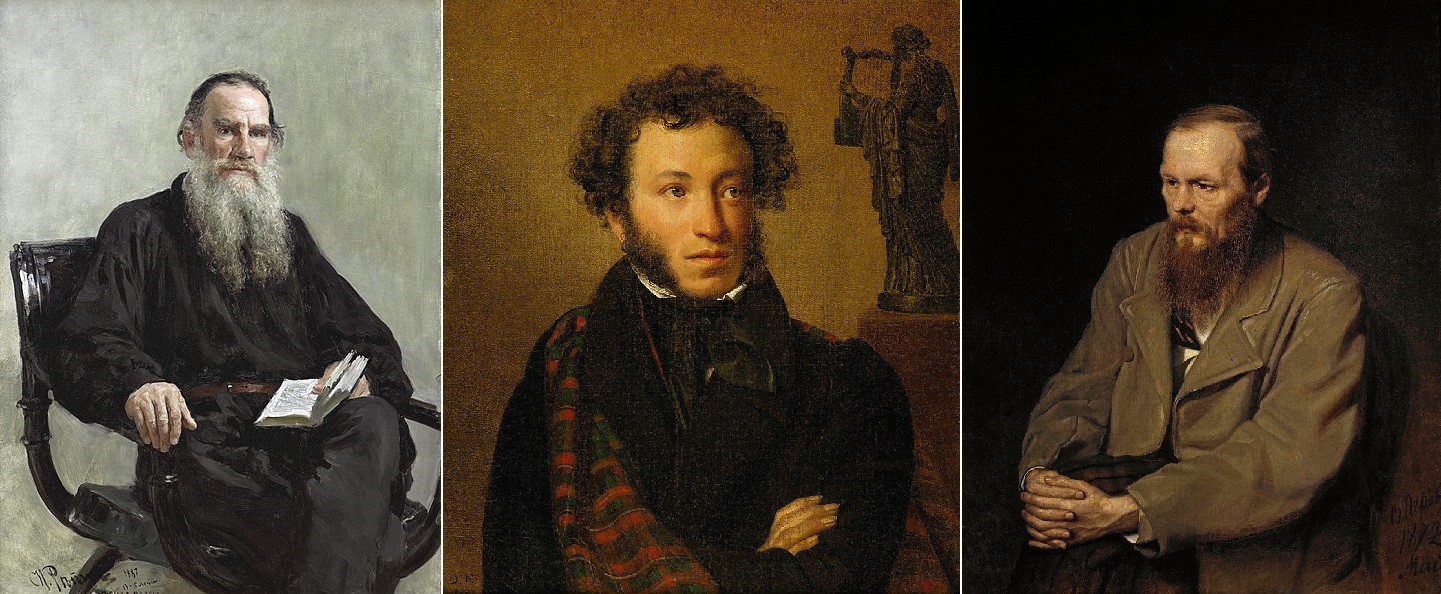 L-R: Portrait of Leo Tolstoy by Ilya Repin, portrait of Alexander Pushkin by Orest Kiprensky, portrait of Fyodor Dostoyevsky by Vasily Perov