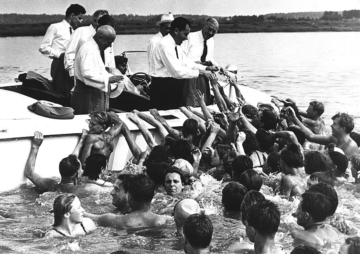 Richard Nixon and Nikita Khrushchev on a boat trip at the Moskva river, 1959.