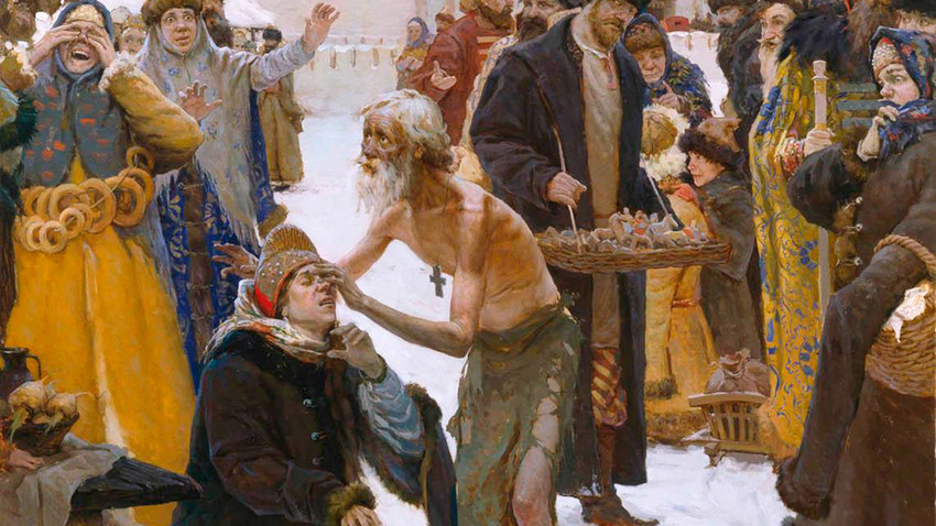 "São Basílio, o Abençoado, o milagreiro de Moscou", pintura de Vitáli Grafov, 2006.