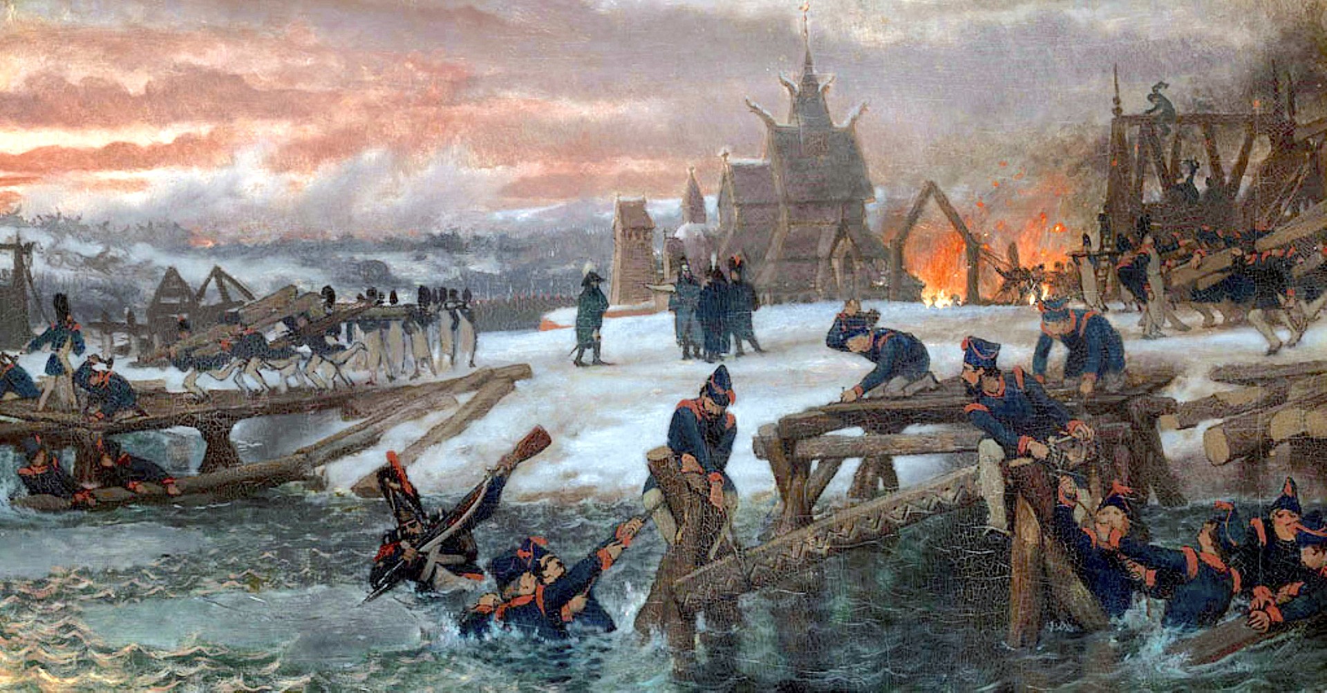 Les pontonniers au travail sur la rivière Bérézina le 26 novembre 1812, construisant les deux ponts temporaires qui sauveront une partie de la grande armée de Napoléon.