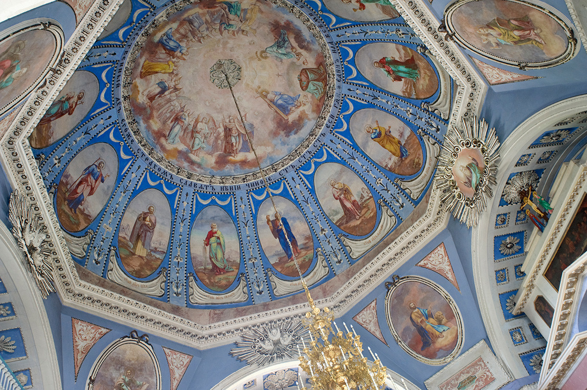 St. Dimitry Cathedral interior. Dome with medallions depicting 12 Apostles. July 7, 2019  