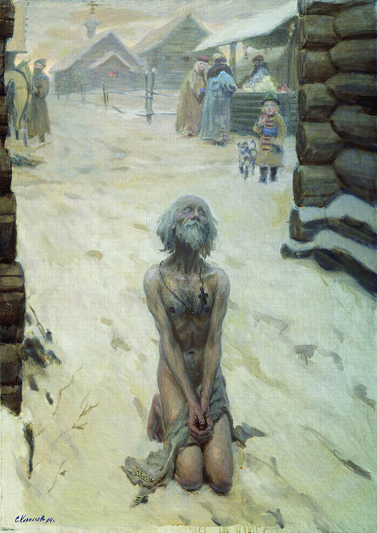 Le fol-en-Christ Saint Basile priant presque nu dans la neige